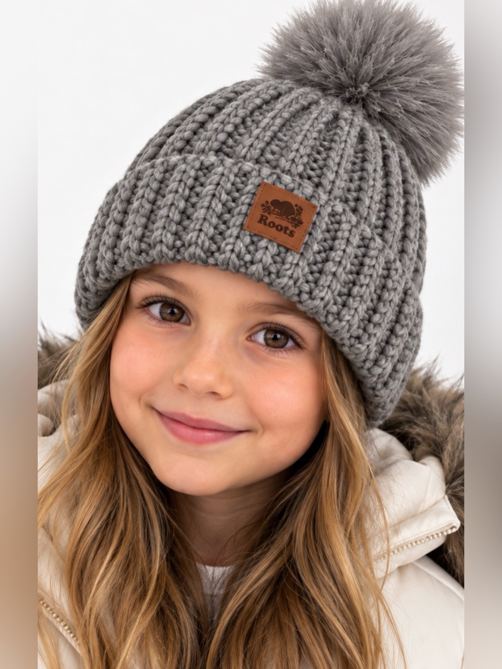 Roots Kids Grey Knit Pom-Pom Hat
